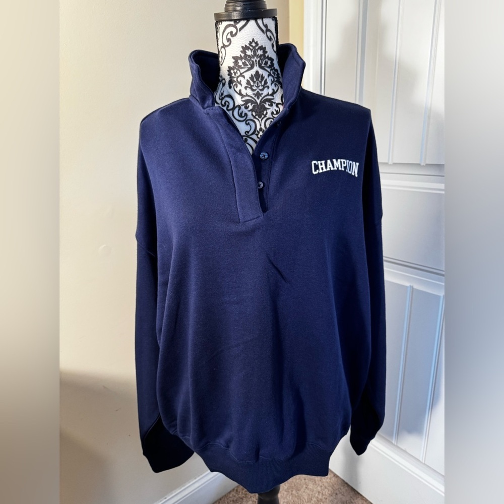 Champion Navy Blue Quarter-Button Pullover Sweatshirt NWT